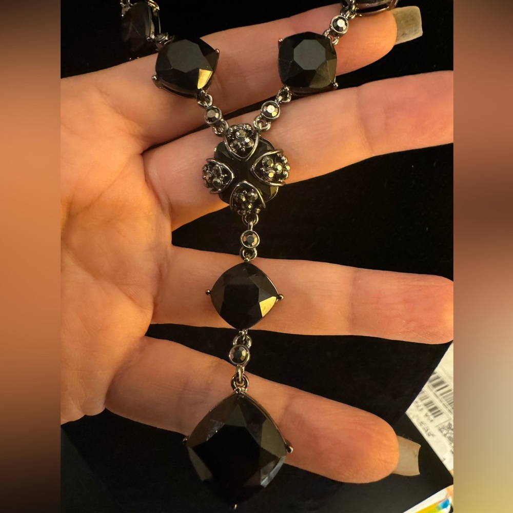 Crown TRIFARI Necklace 16”+2” Vintage Gunmetal Tone Black Rhinestone 3” Drop